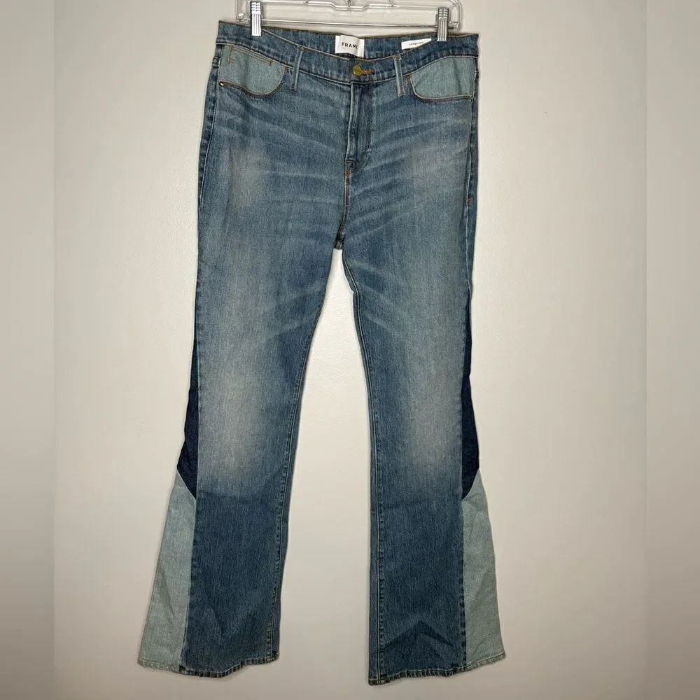 Frame Two-Tone Blue Patchwork Flared Jeans - Picture 8 of 16
